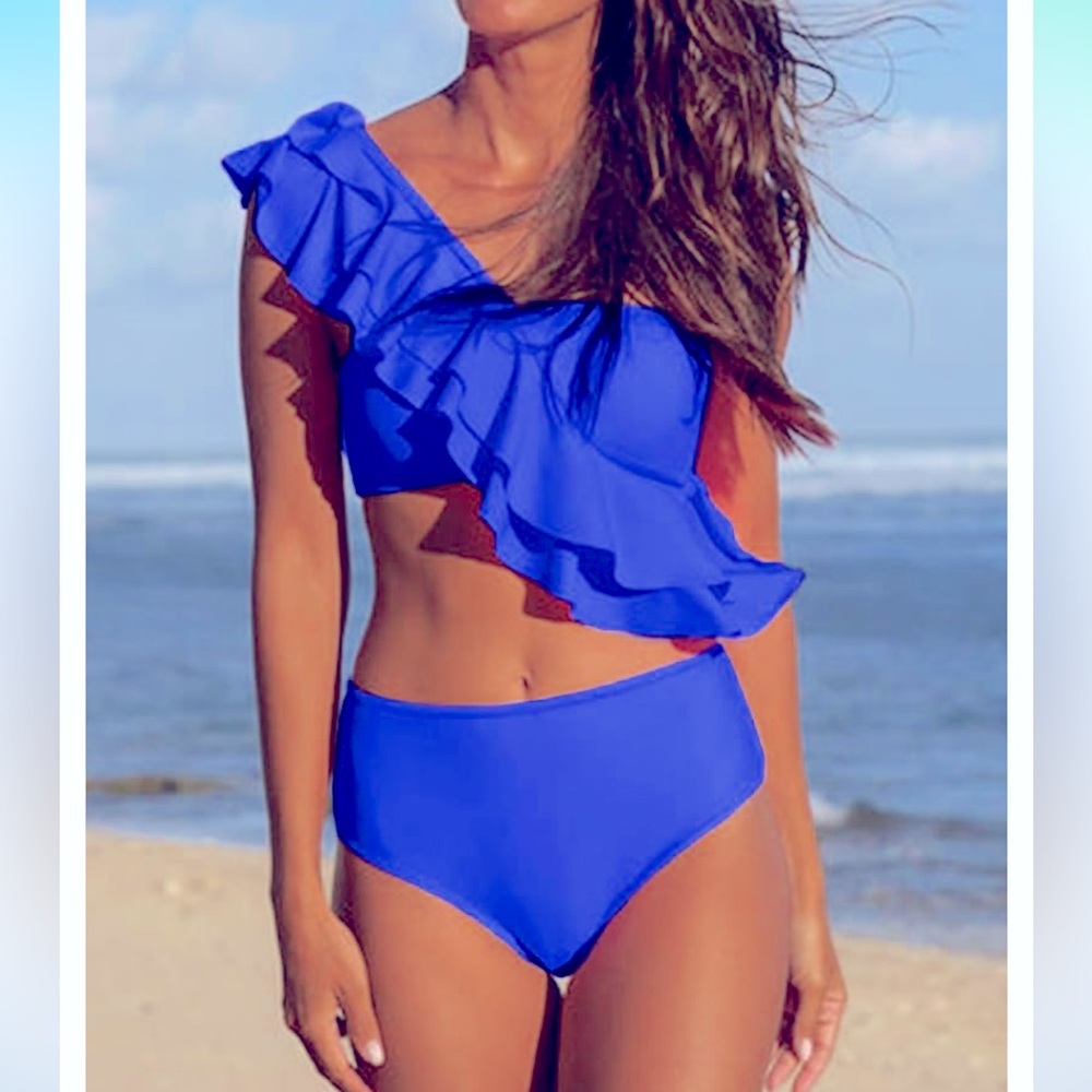 NWT One Shoulder Ruffle Trim High Waist Bikini Set Size M